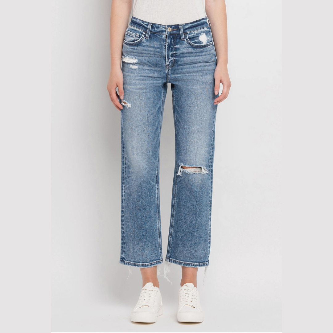 High Rise Distressed Hem Crop Straight Jeans