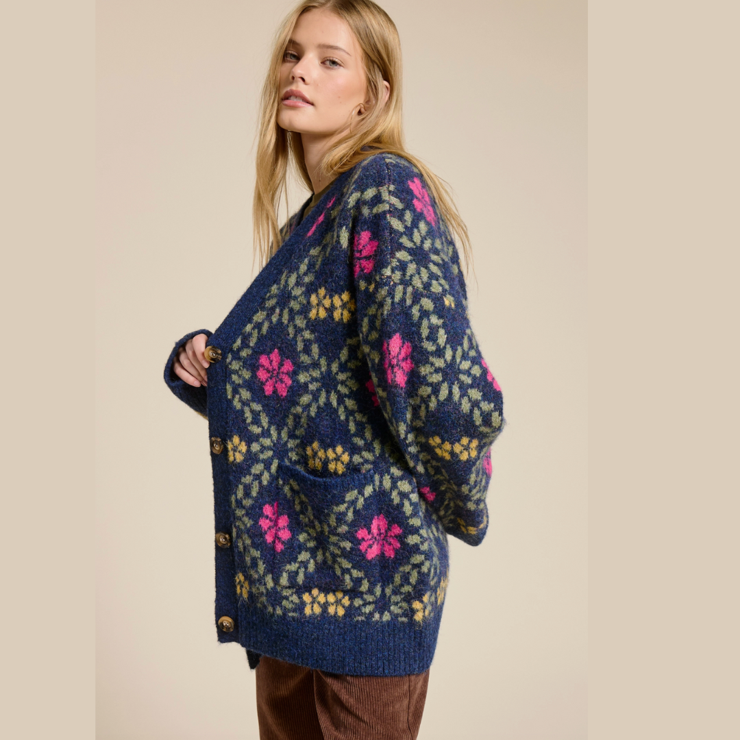 Retro Floral Print Fuzzy Knit Cardigan