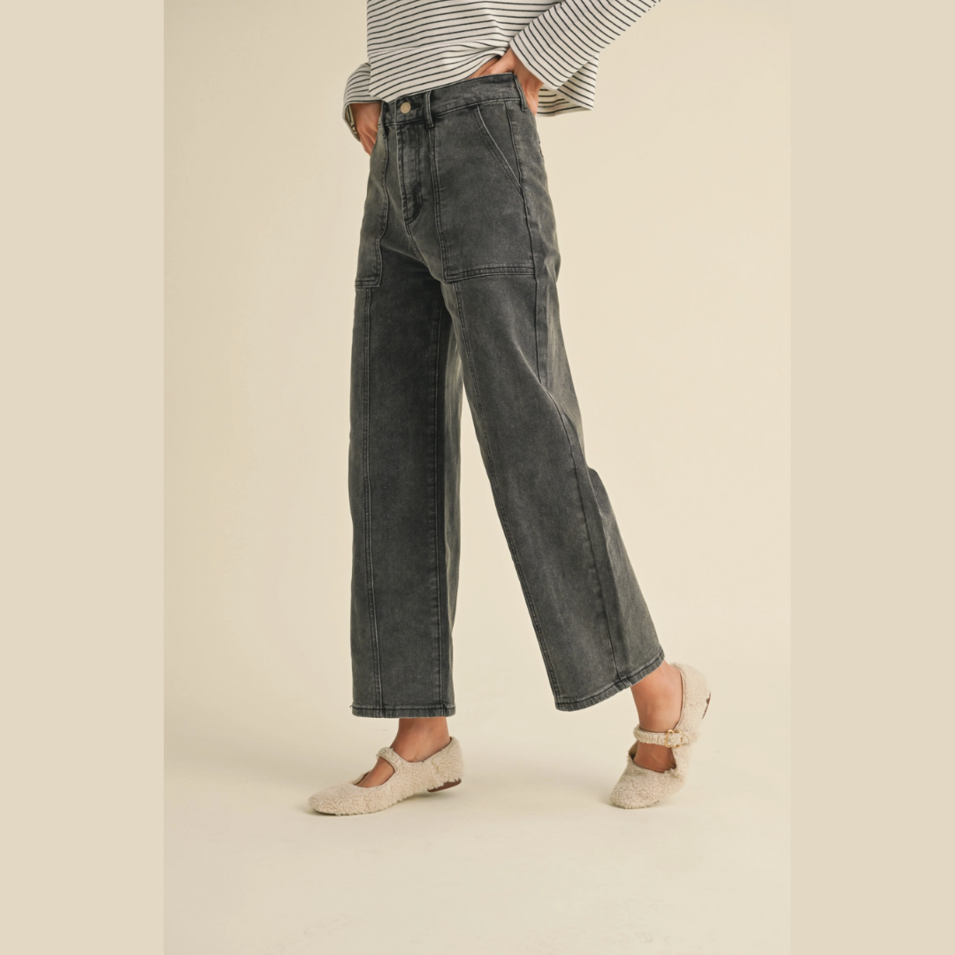 Carly Washed Black Paneled Stretch Wide Leg Denim