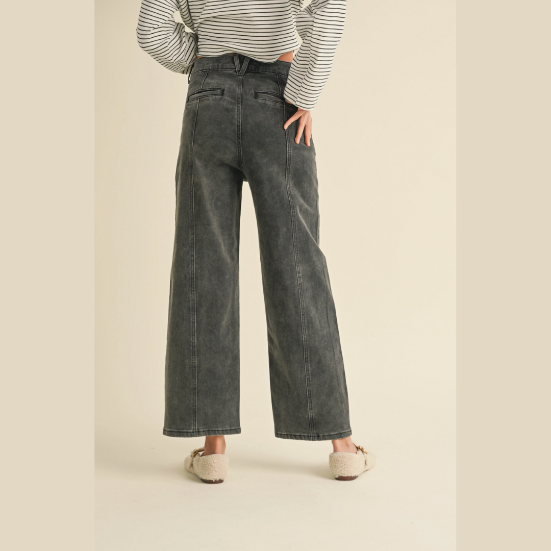 Carly Washed Black Paneled Stretch Wide Leg Denim