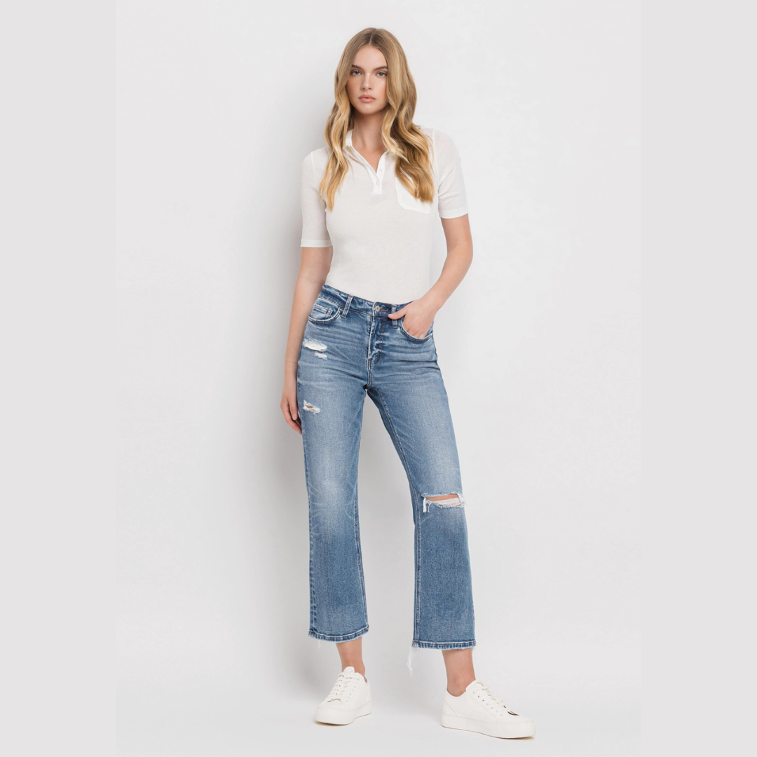 High Rise Distressed Hem Crop Straight Jeans