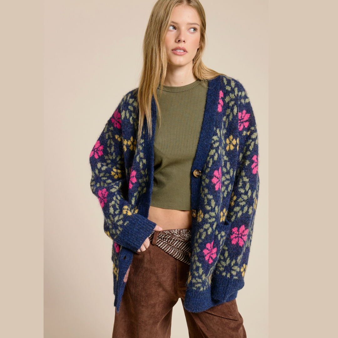 Retro Floral Print Fuzzy Knit Cardigan