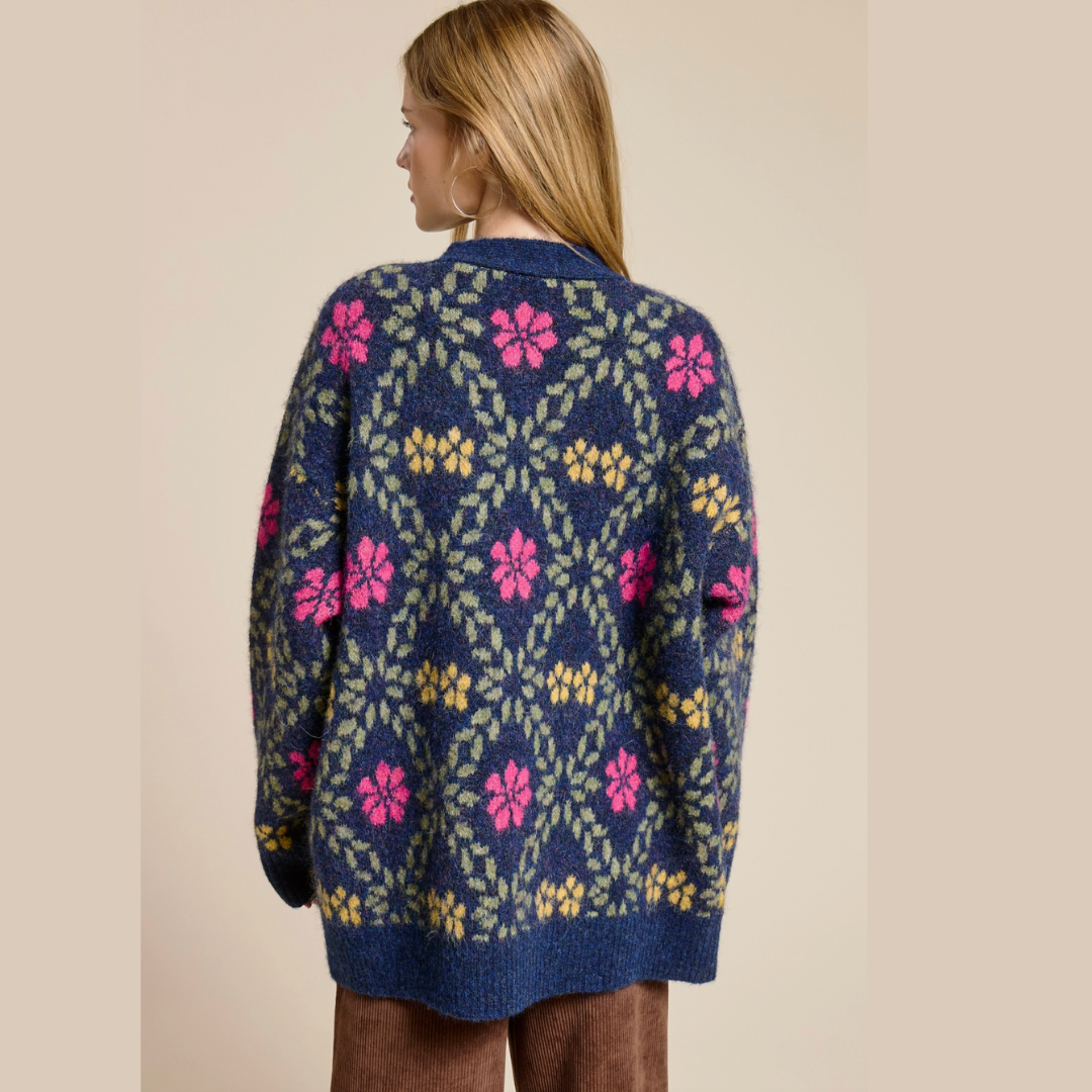 Retro Floral Print Fuzzy Knit Cardigan