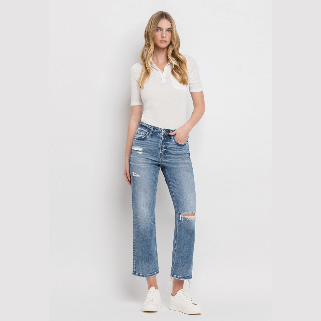 High Rise Distressed Hem Crop Straight Jeans