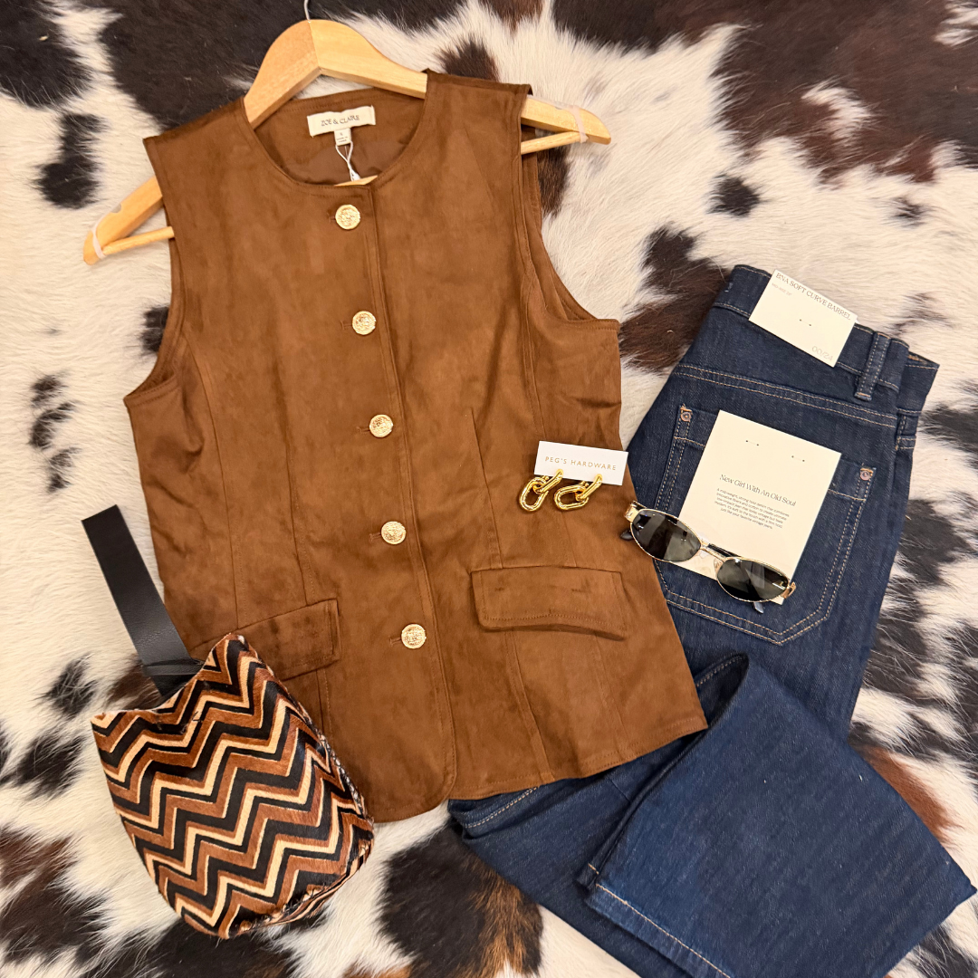 Faux Suede Vest with Gold Button Detail