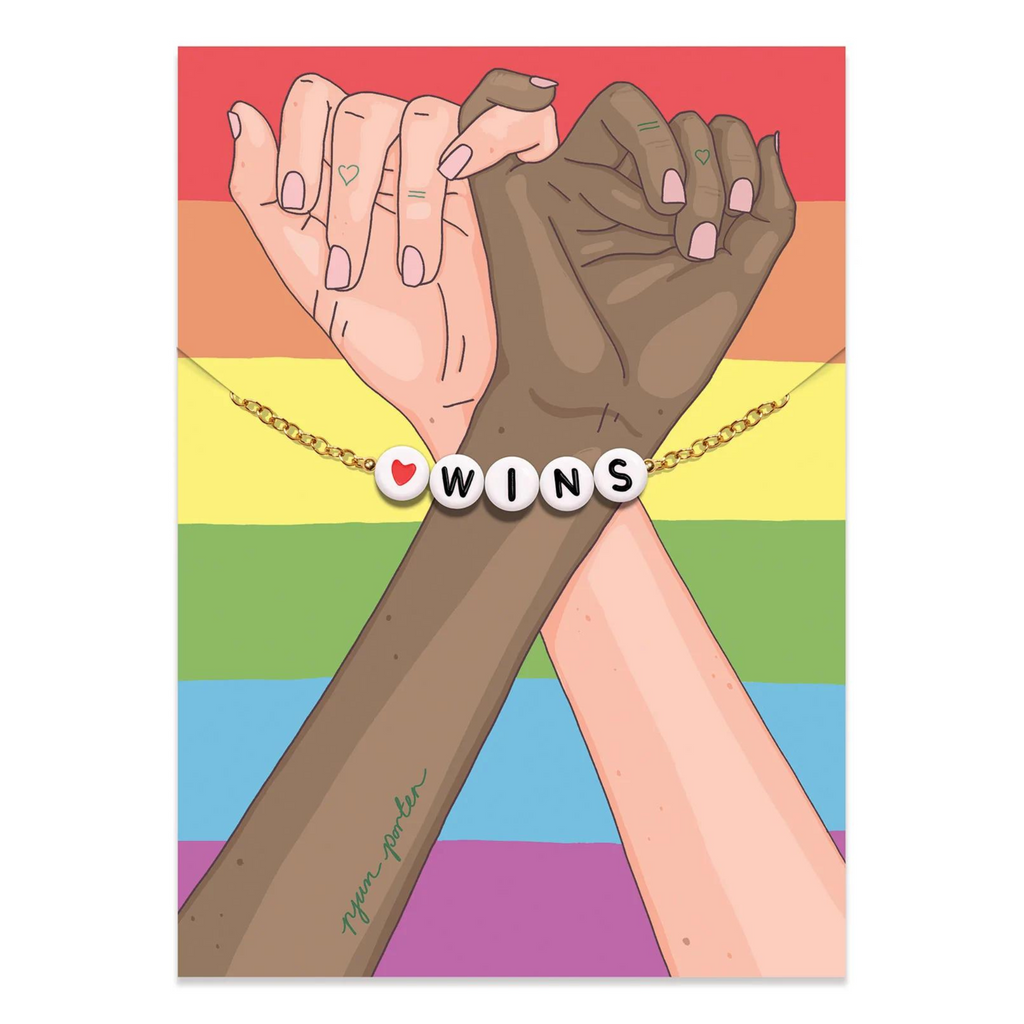 Illustration by Ryun Porter of diverse hands making a pinky promise over a rainbow flag, featuring a gold chain bracelet with white 'heart WINS' beads and small green heart and equality symbol tattoos