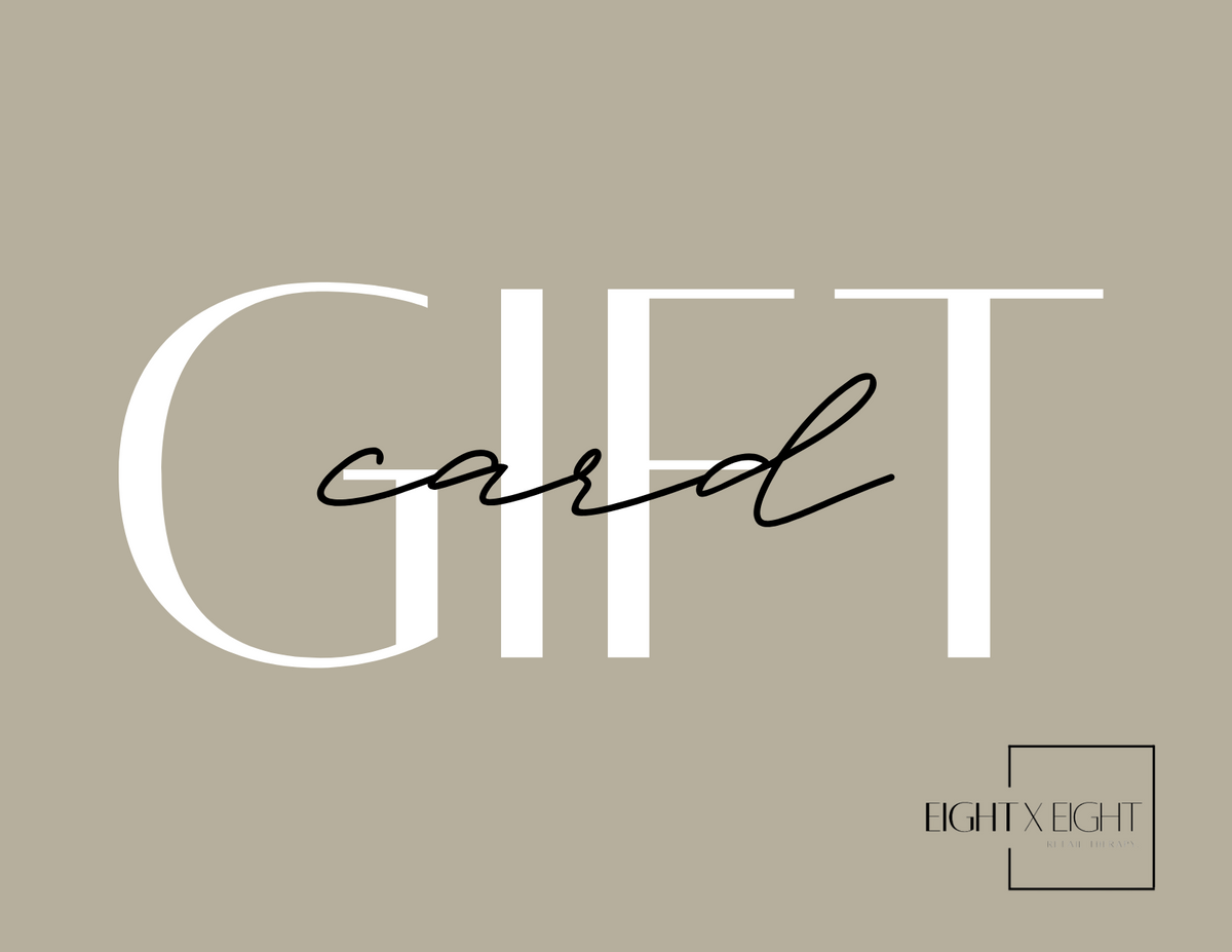 Digital graphic by EIGHT X EIGHT RITUAL THERAPY showing a gift card design with prominent white sans-serif text for GIFT and elegant black script text for card overlaid on a muted taupe background featuring the brand's minimalist logo