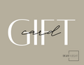 Digital graphic by EIGHT X EIGHT RETAIL THERAPY, a minimalist gift card design featuring the word GIFT in large white sans-serif letters with card in smaller black script elegantly overlaid on a muted taupe background