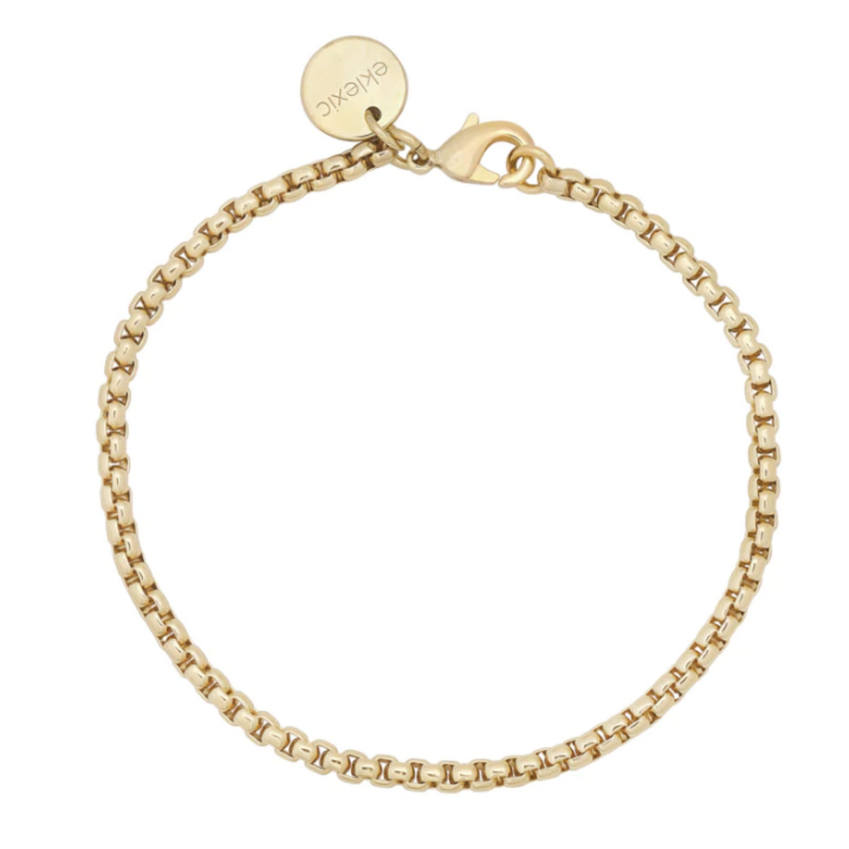 Eklexic gold bracelet featuring a shiny rounded box chain design a lobster clasp closure and a circular eklexic tag