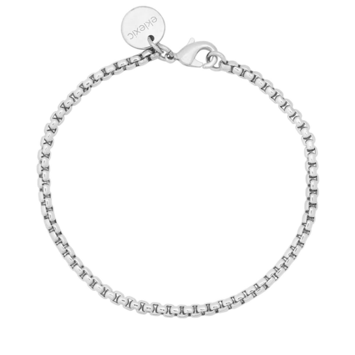 Jewelry by eklexic a silver-tone box chain bracelet featuring a lobster clasp and an engraved eklexic tag
