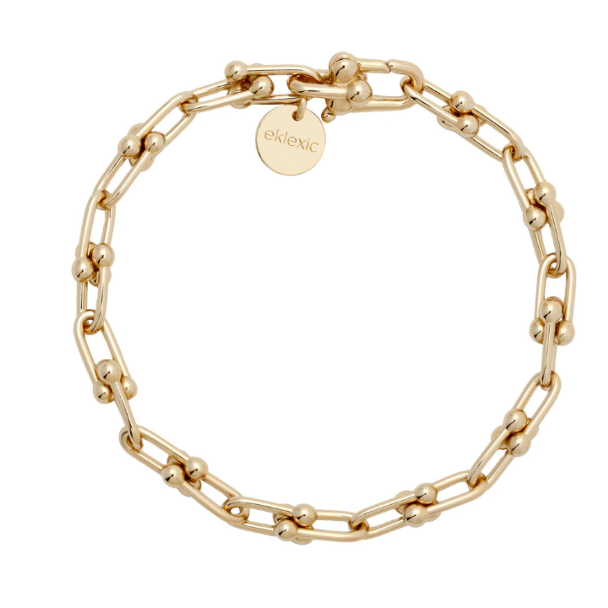 Gold jewelry by eklexic, a bracelet featuring polished U-shaped links connected by small round gold balls and a subtle circular eklexic brand tag